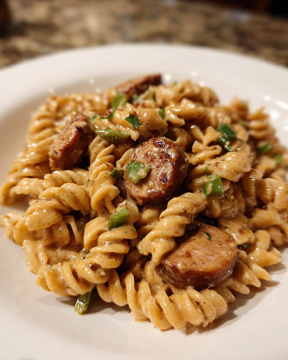Close-up of creamy cajun sausage pasta featuring rotini noodles and sliced, browned sausage.