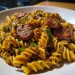 Close-up of creamy cajun sausage pasta featuring rotini, sliced sausage, and green peppers.