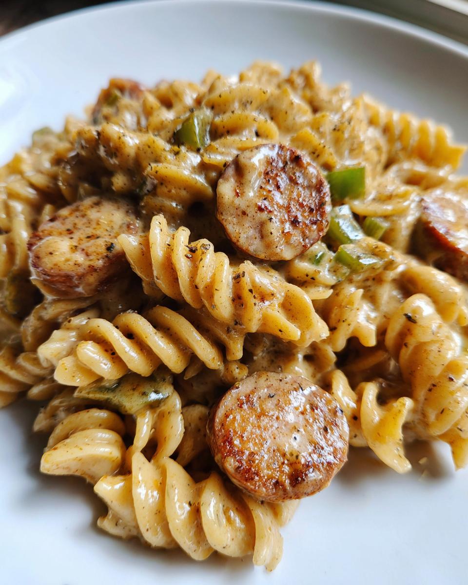 Close-up of creamy cajun sausage pasta featuring rotini noodles, sliced and seared sausage, and green peppers.