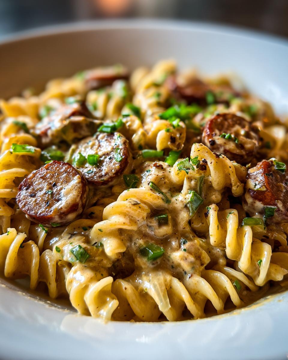 Close-up of creamy cajun sausage pasta featuring rotini noodles, sliced smoked sausage, and green onions in a rich sauce.