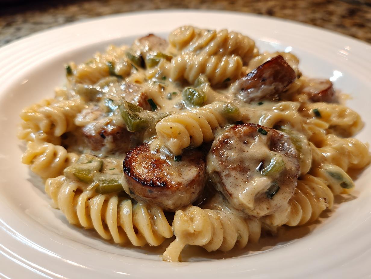 Close-up of creamy cajun sausage pasta featuring seared sausage slices and green peppers mixed with rotini pasta.