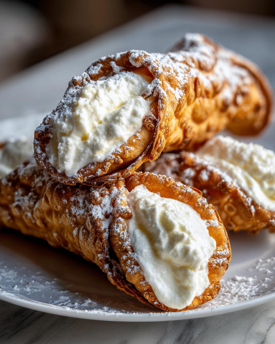 Close-up of several crispy, golden cannoli shells filled with sweet ricotta cream and dusted heavily with powdered sugar.