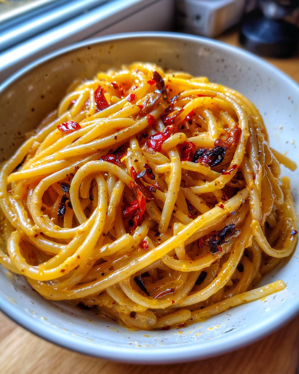 Close-up of a bowl of spaghetti tossed in a creamy sauce, featuring caramelized onion pasta and visible red chili flakes.
