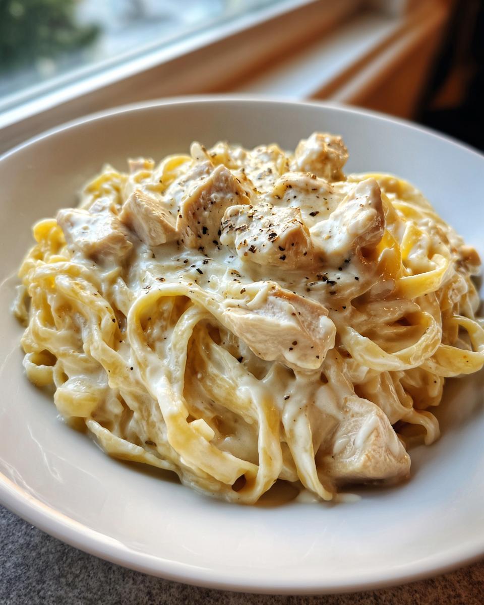 Close-up of a white bowl filled with creamy chicken alfredo pasta, topped with black pepper.