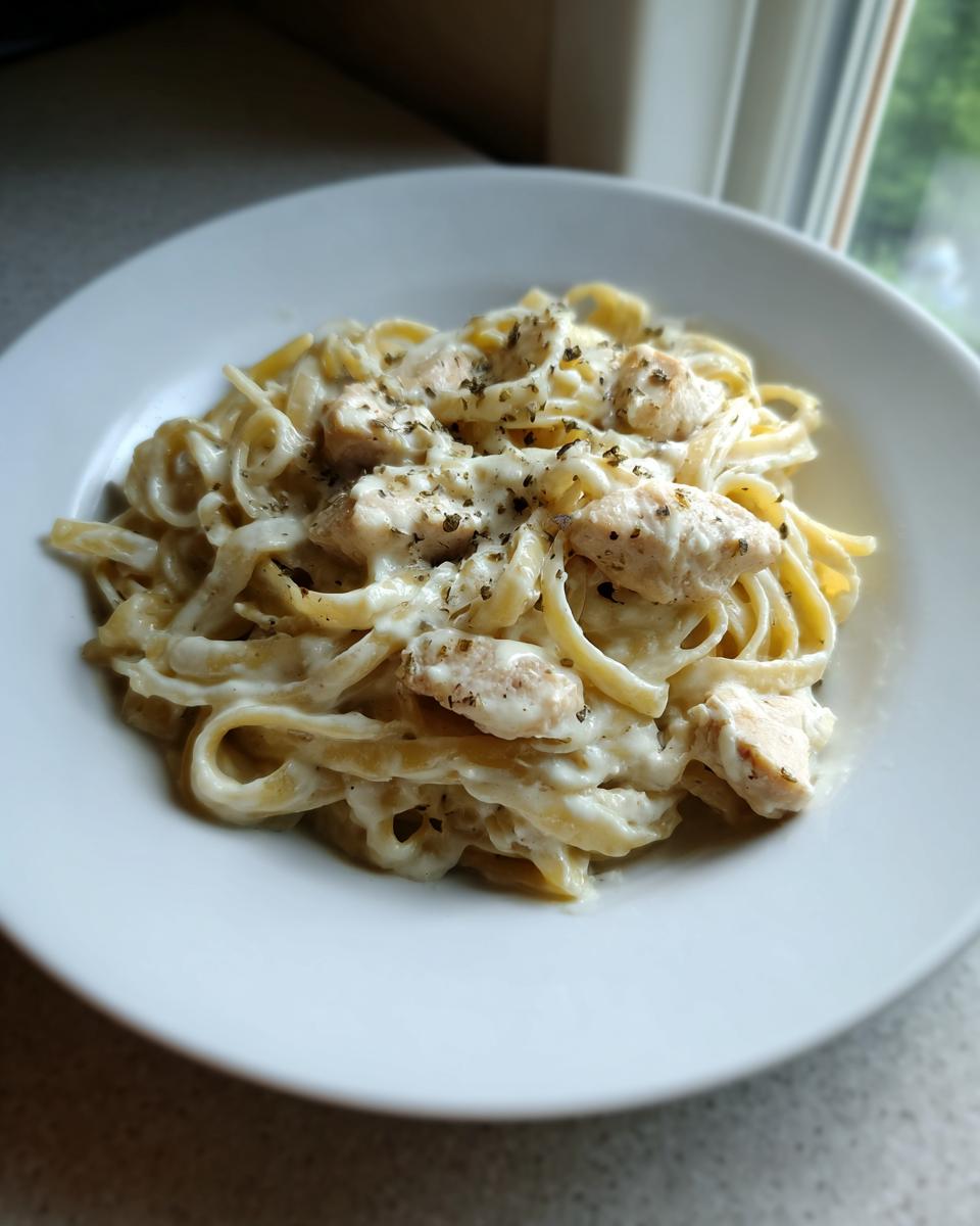 Close-up of creamy chicken alfredo pasta tossed with fettuccine and topped with herbs on a white plate.