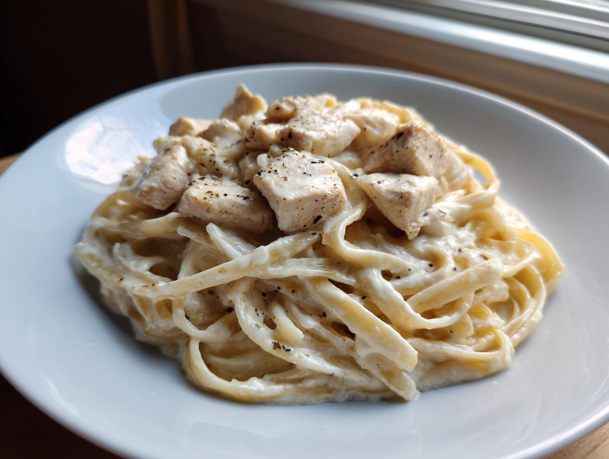 A close-up of creamy chicken alfredo pasta served in a white bowl, topped with seasoned chicken pieces.