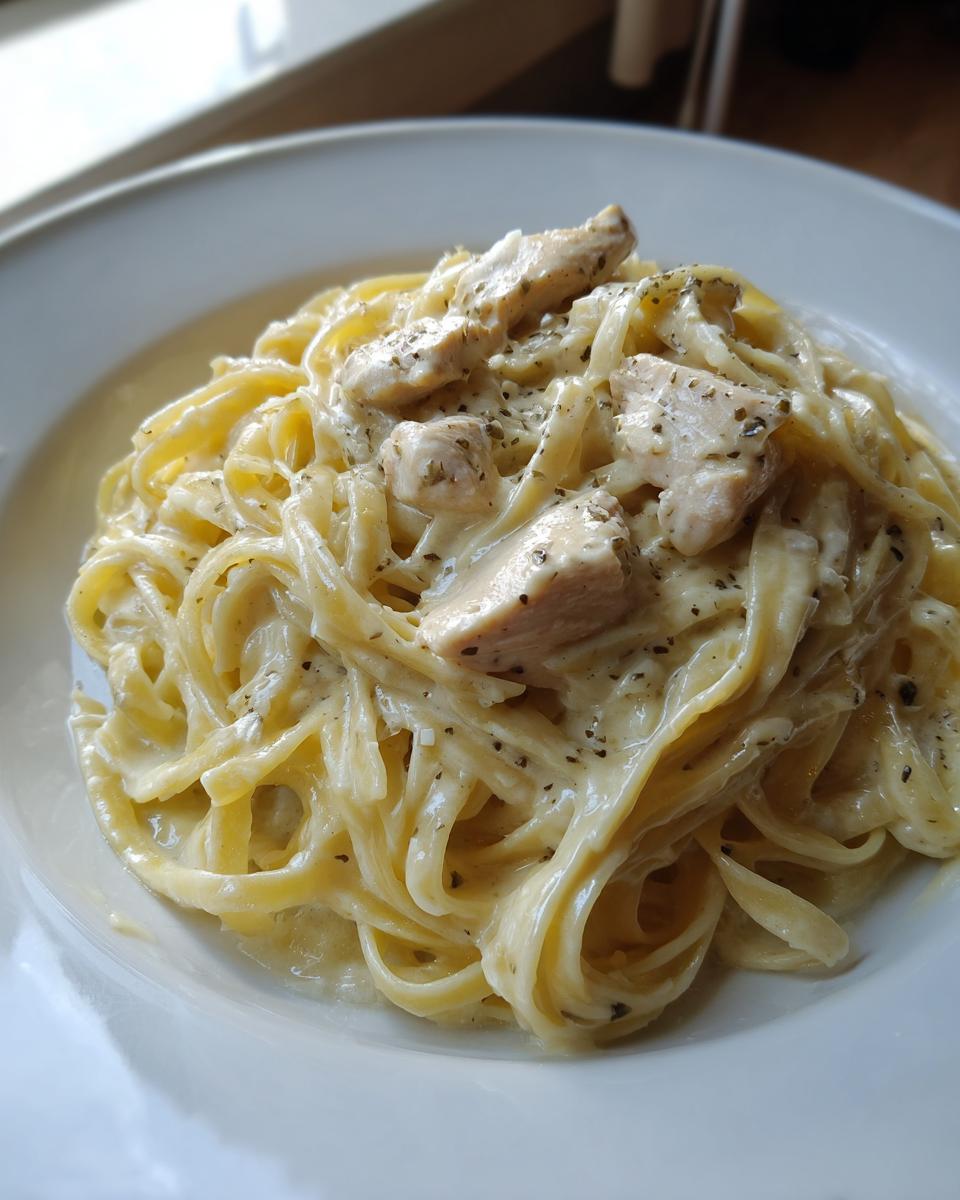 Close-up of creamy chicken alfredo pasta tossed in rich white sauce and sprinkled with herbs.