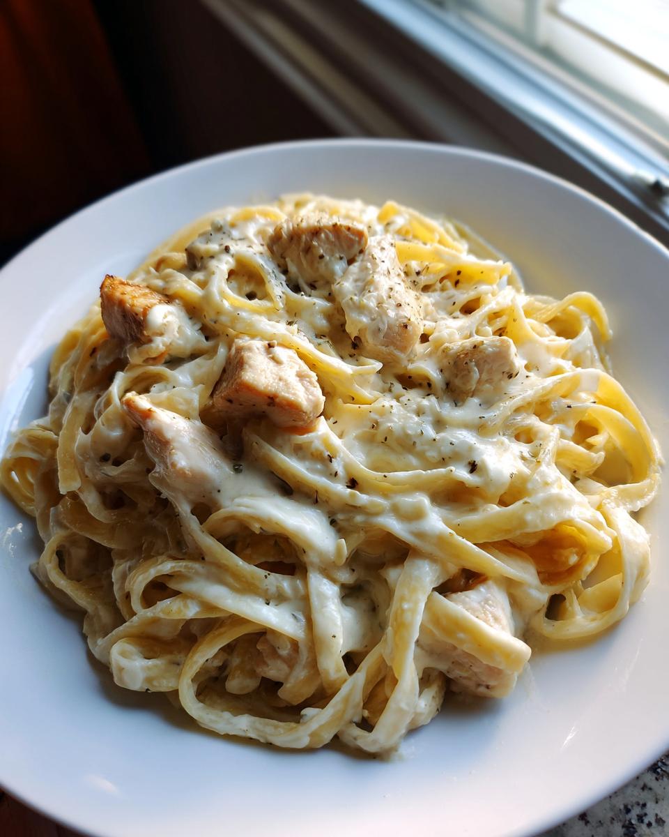 A close-up of a serving of rich chicken alfredo pasta tossed in creamy white sauce and topped with black pepper.