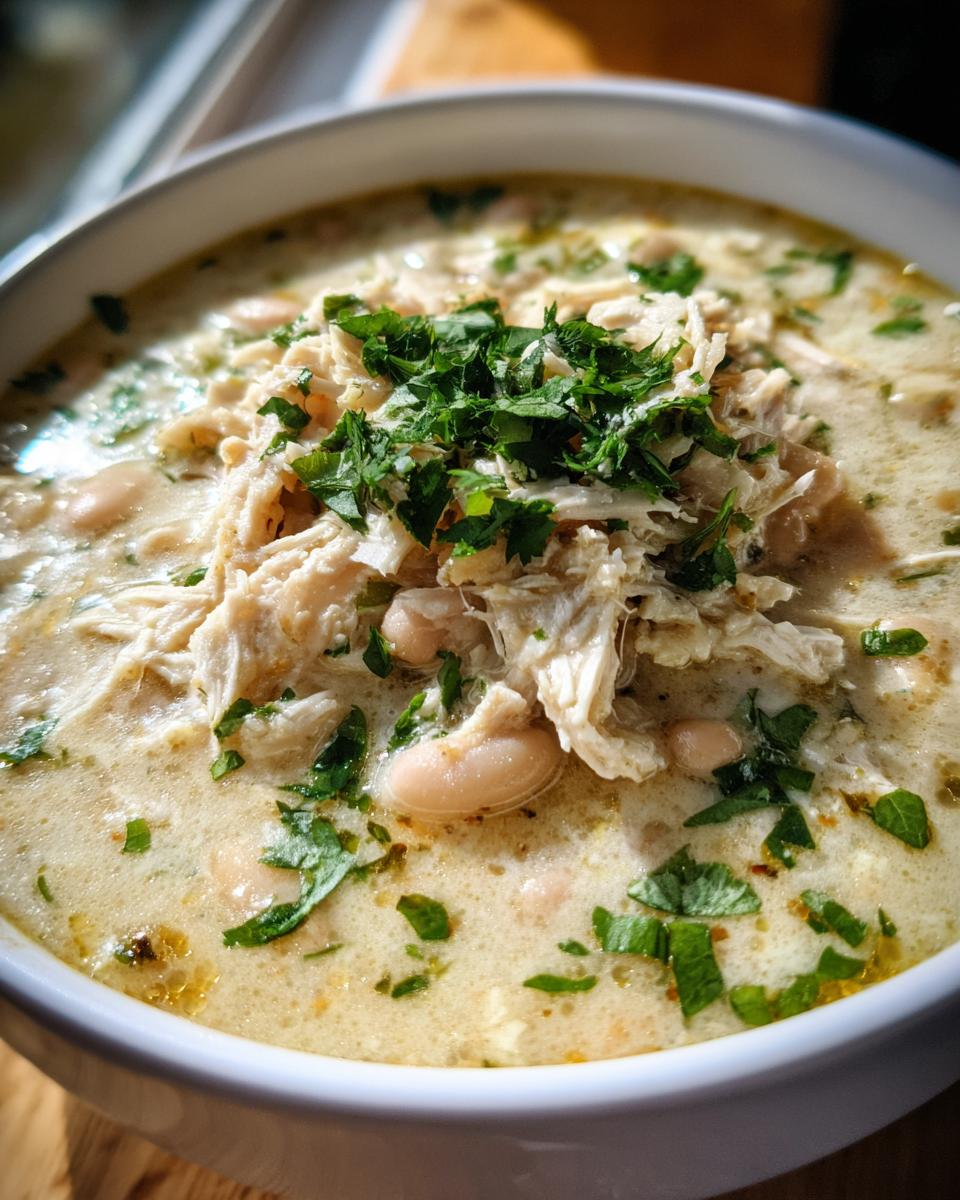A close-up of a creamy white chicken chili recipe topped with shredded chicken and fresh parsley.