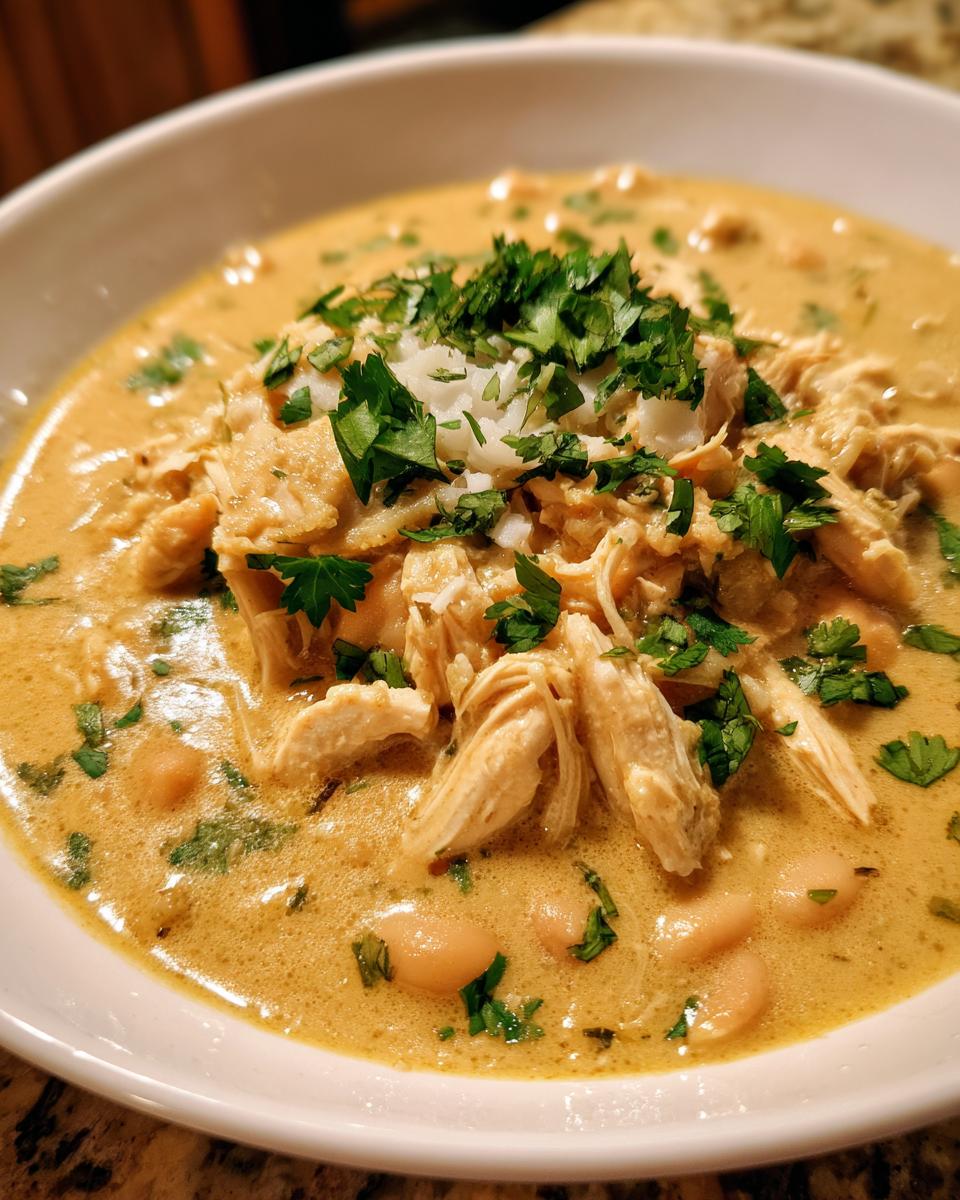 Close-up of a bowl of creamy white chicken chili recipe topped with shredded chicken, white beans, and fresh cilantro.