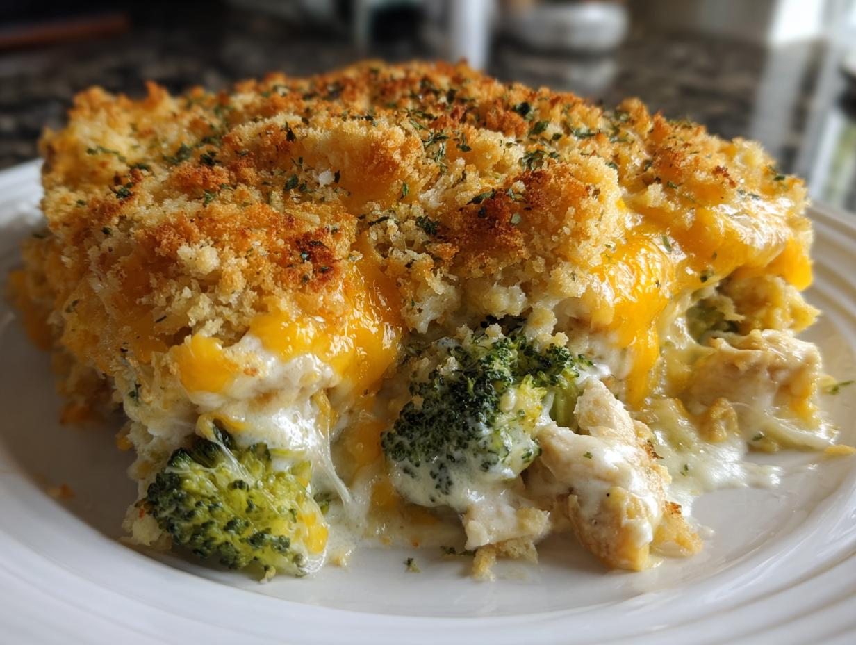 A close-up serving of creamy Chicken Divan casserole featuring melted cheddar, broccoli florets, and a golden breadcrumb topping.
