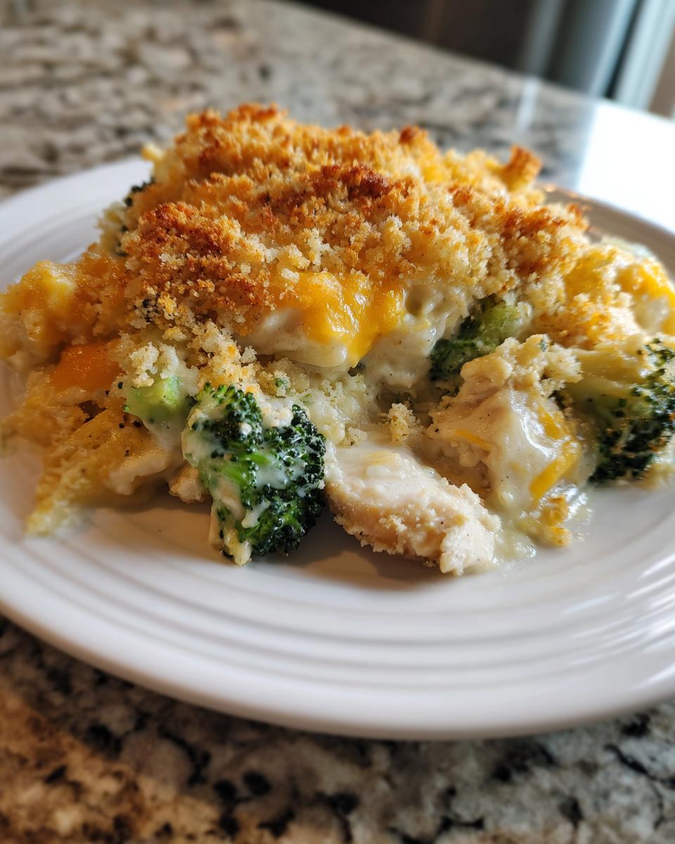 A close-up serving of creamy Chicken Divan casserole with broccoli, chicken pieces, and a golden breadcrumb topping.
