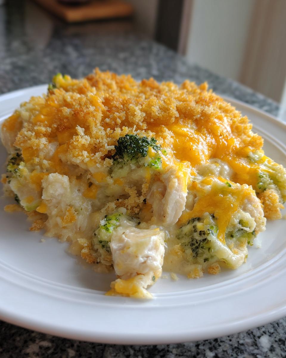 A close-up serving of creamy Chicken Divan casserole featuring chunks of chicken, broccoli, and a golden breadcrumb and melted cheddar topping.