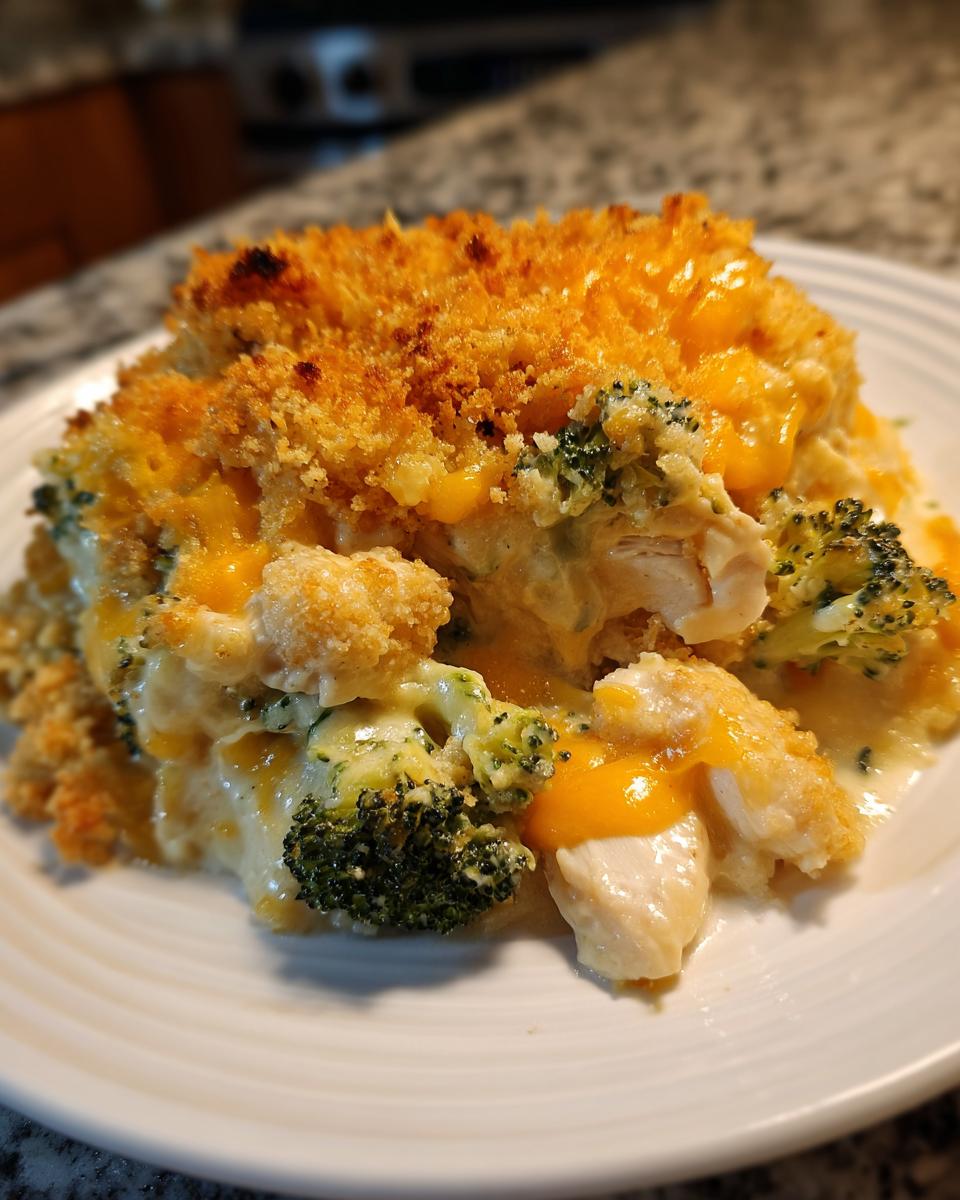 A close-up serving of creamy Chicken Divan casserole featuring chicken, broccoli, and a golden, crunchy breadcrumb topping.