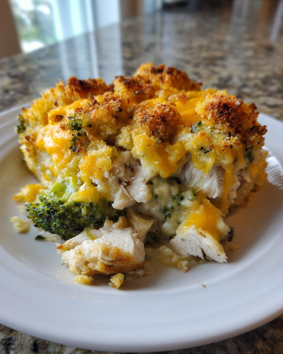 A close-up serving of creamy Chicken Divan casserole featuring shredded chicken, broccoli, and a golden, crunchy cheese topping.
