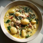 Close-up of a hearty bowl of creamy chicken gnocchi soup, featuring plump gnocchi, shredded chicken, and wilted spinach.
