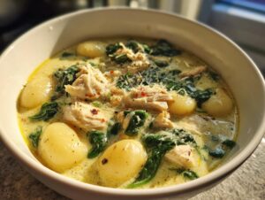 Close-up of a hearty bowl of creamy chicken gnocchi soup featuring soft gnocchi, shredded chicken, and wilted spinach.