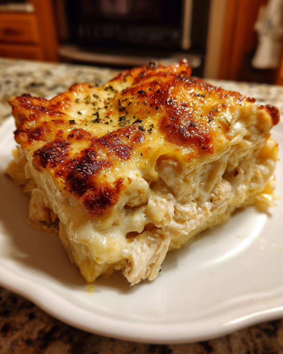A close-up of a generous slice of creamy chicken lasagna showing shredded chicken filling and a bubbly, browned cheese topping.