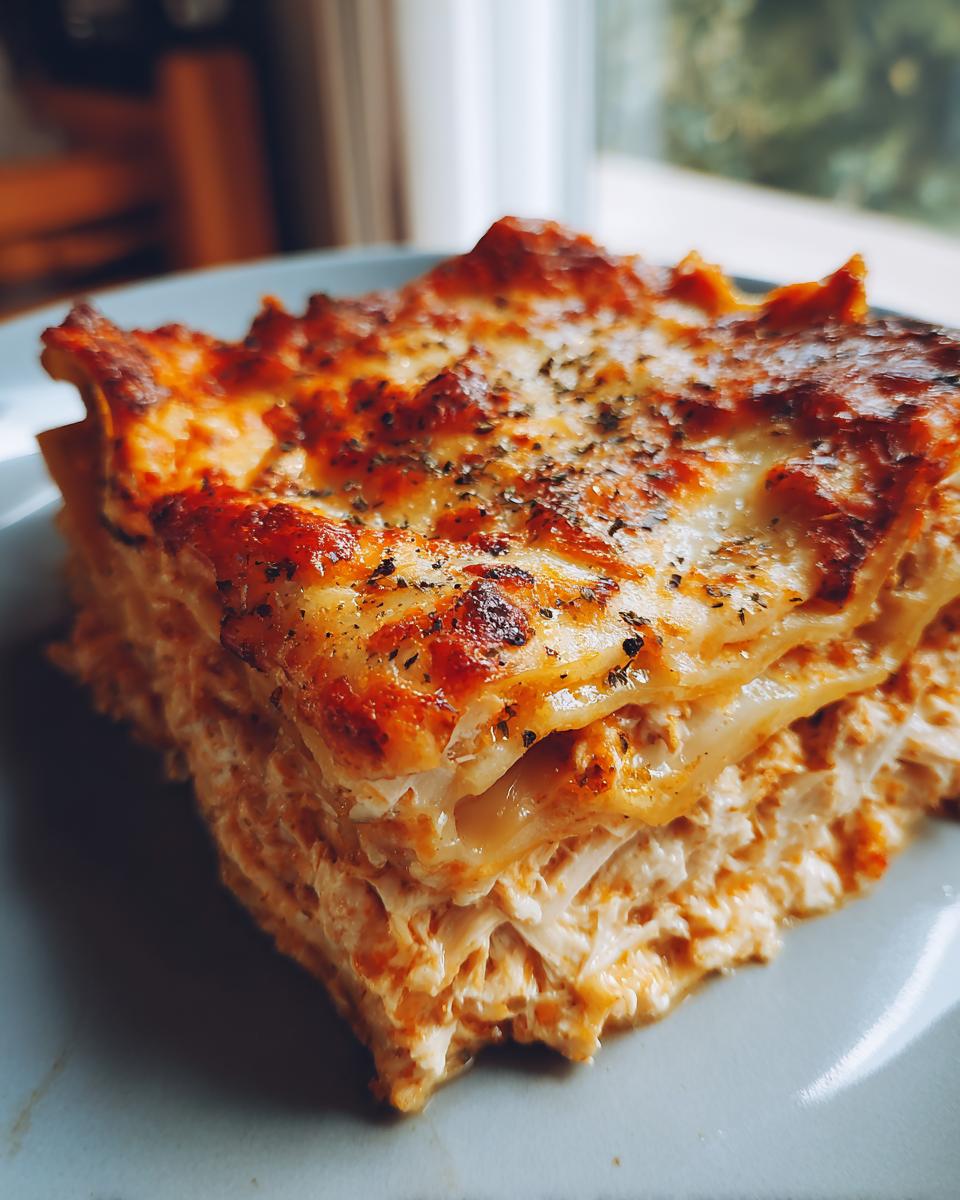 Close-up of a generous slice of creamy chicken lasagna showing layers of pasta, shredded chicken filling, and a golden, bubbly cheese crust.