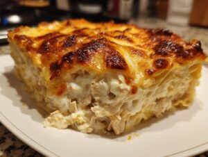 A thick, creamy slice of chicken lasagna featuring layers of pasta and shredded chicken filling, topped with bubbly, browned cheese.