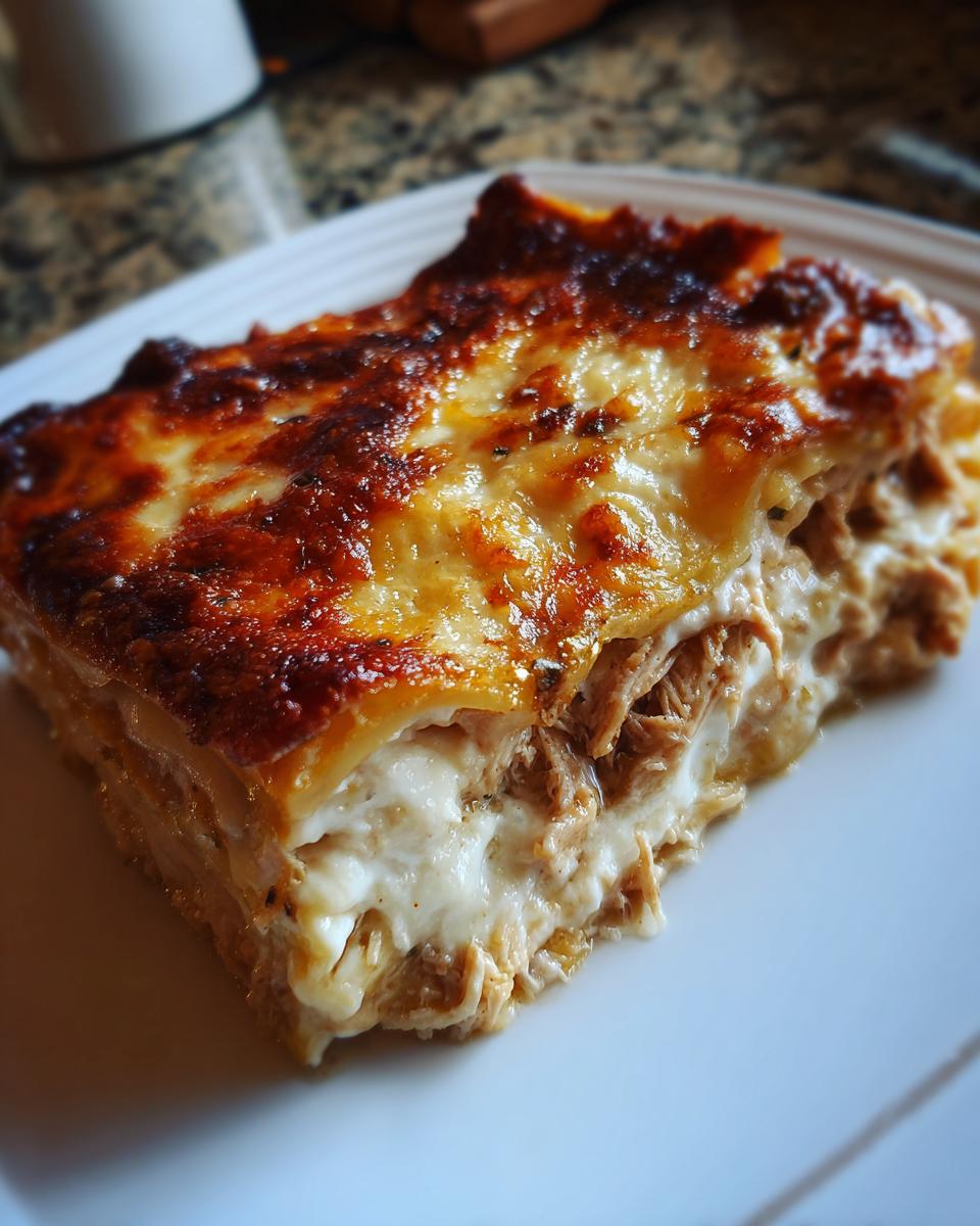 Close-up of a generous slice of creamy chicken lasagna showing layers of pasta, shredded chicken, and a bubbly, browned cheese topping.
