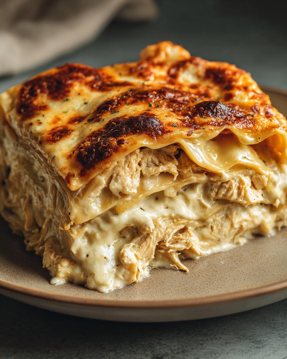 A close-up of a rich, creamy slice of chicken lasagna showing layers of pasta, shredded chicken, and a browned, bubbly cheese top.