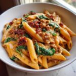 Close-up of creamy chicken sausage pasta with spinach and sun-dried tomatoes in a white bowl.