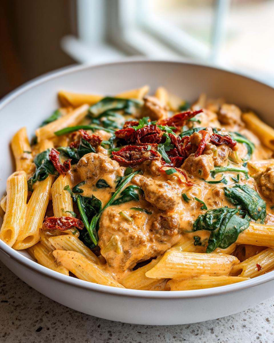 A close-up view of creamy chicken sausage pasta with spinach and sun-dried tomatoes served in a white bowl.