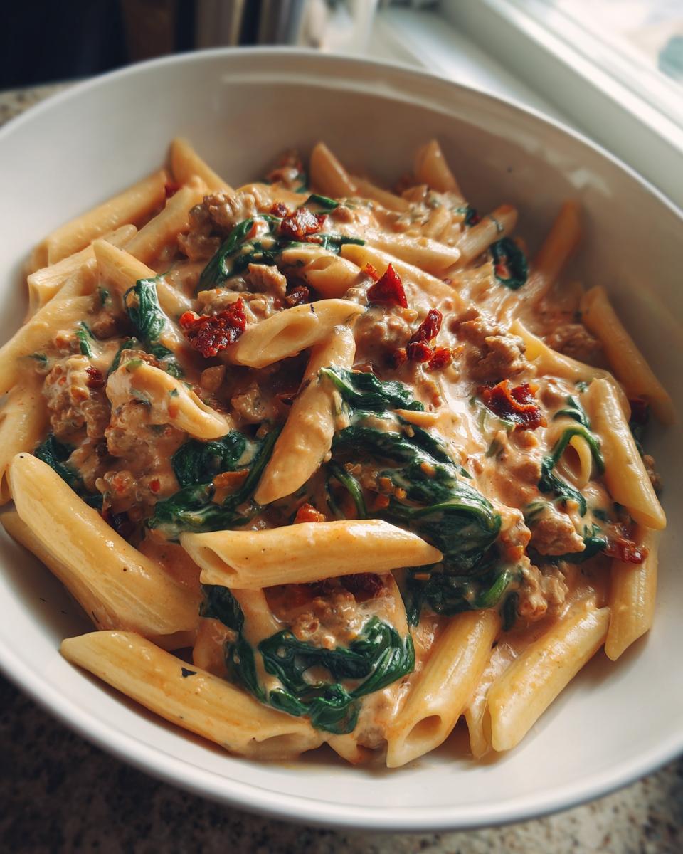 Close-up of creamy chicken sausage pasta with spinach and sun-dried tomatoes served in a white bowl.