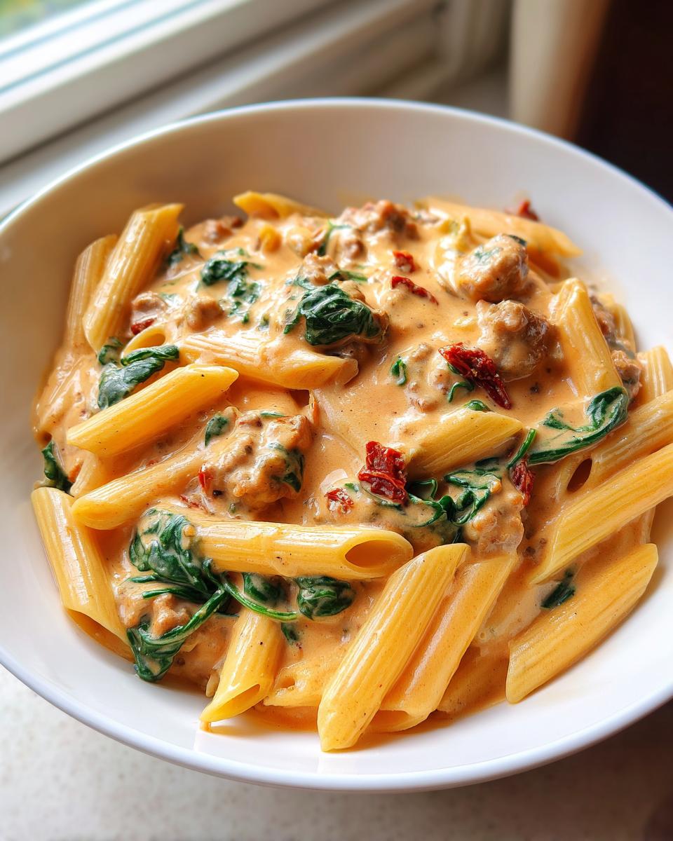 Close-up of a white bowl filled with creamy chicken sausage pasta, featuring penne, spinach, and sun-dried tomatoes.