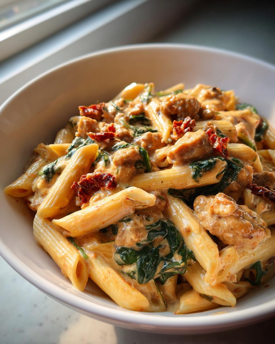 Close-up of creamy chicken sausage pasta with spinach and sun-dried tomatoes served in a white bowl.