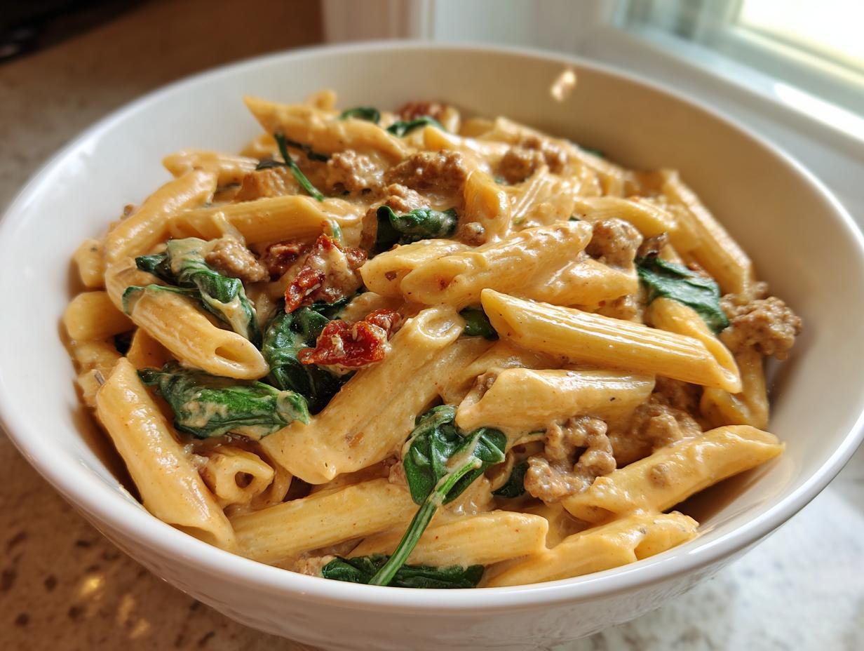 Close-up of creamy chicken sausage pasta with spinach and sun-dried tomatoes served in a white bowl.