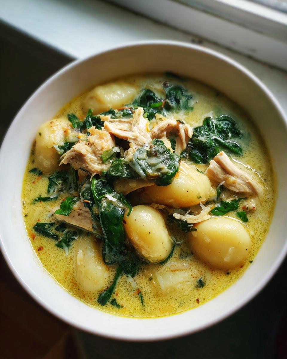 Close-up of a hearty bowl of creamy chicken and spinach gnocchi soup, featuring plump gnocchi.
