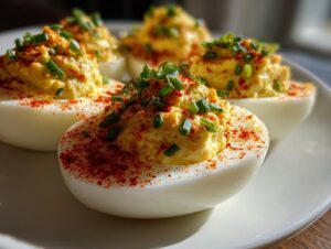 Close-up of four creamy deviled eggs garnished with paprika and fresh chives on a white plate.