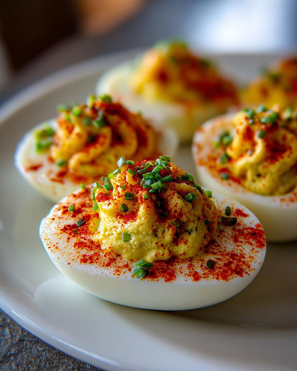 Close-up of creamy deviled eggs topped with paprika and chopped chives on a white plate.