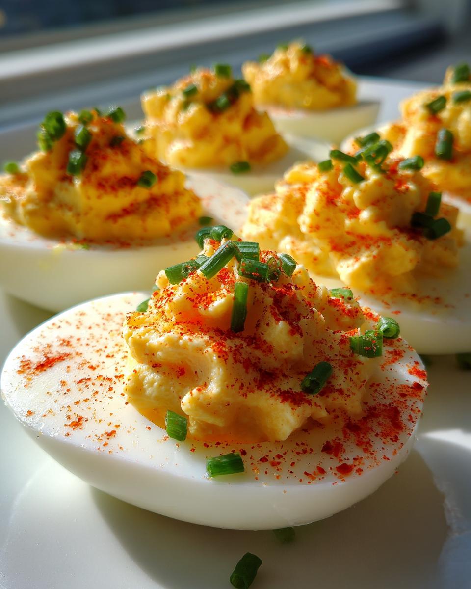 Close-up of creamy deviled eggs topped with paprika and fresh chives on a white plate.