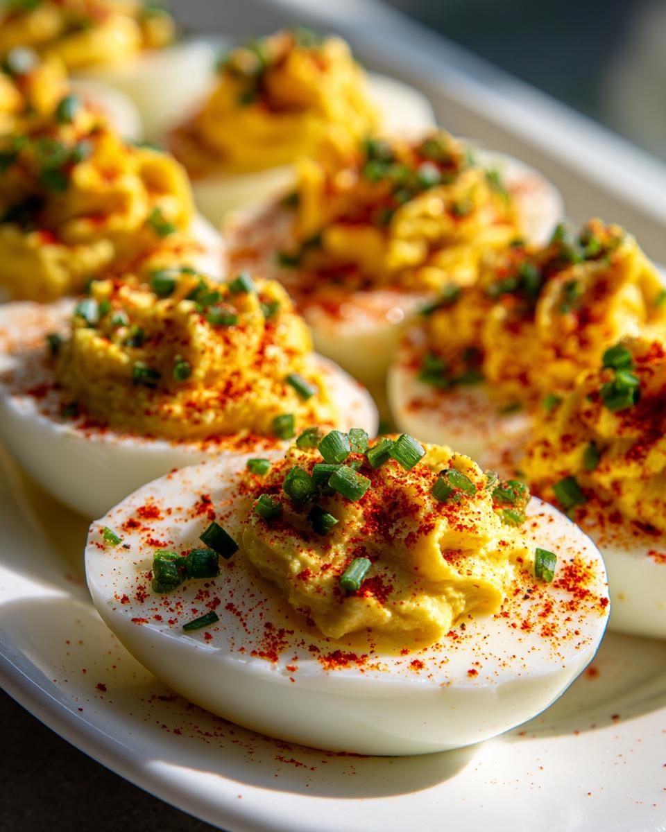 Close-up of creamy deviled eggs topped with paprika and fresh chopped chives, ready to serve.