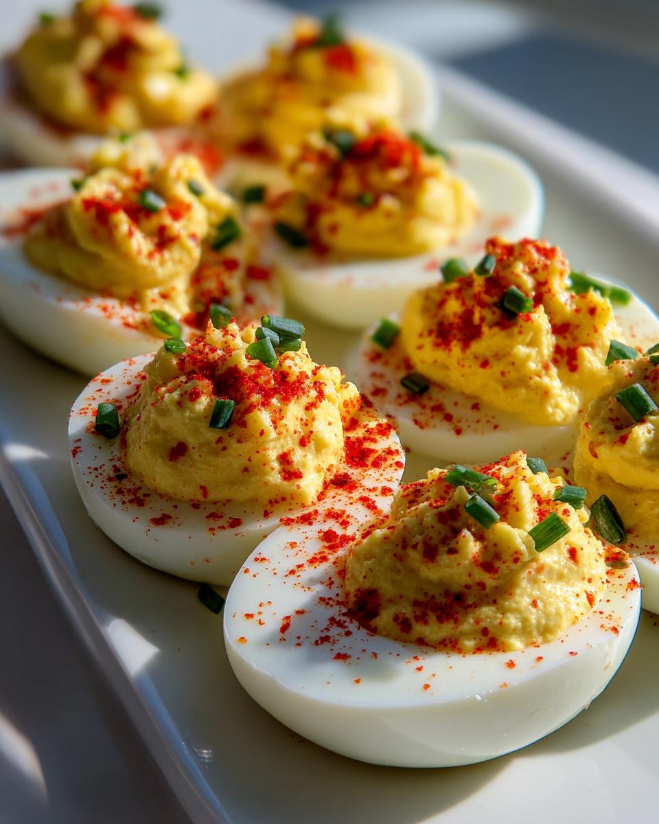 Close-up of creamy deviled eggs garnished with paprika and fresh chives on a white platter.