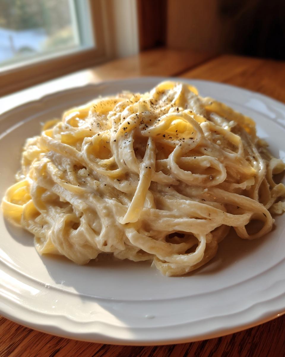 A plate of fettuccine pasta generously coated in creamy vegan alfredo sauce and topped with black pepper.