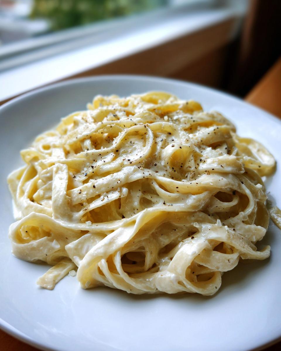 Close-up of fettuccine pasta coated in creamy vegan alfredo sauce and topped with black pepper.