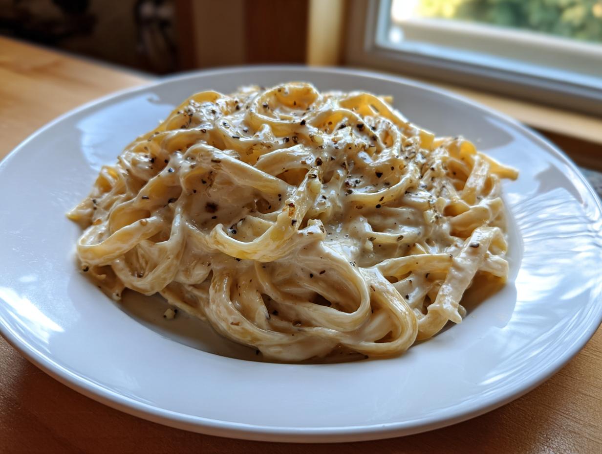 A plate of fettuccine pasta generously coated in creamy vegan alfredo sauce and topped with black pepper.