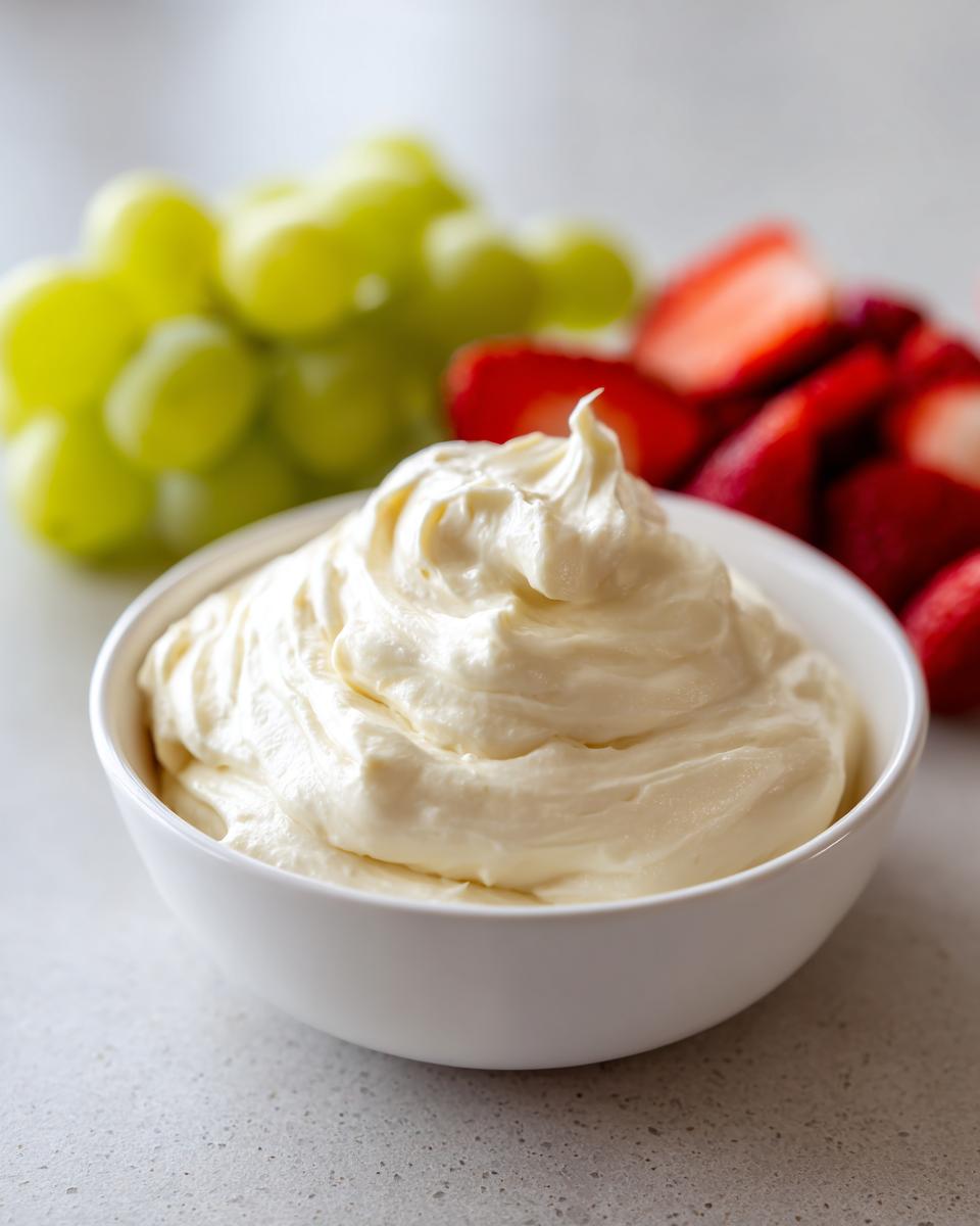 A bowl of creamy fruit dip served with fresh green grapes and sliced strawberries nearby.