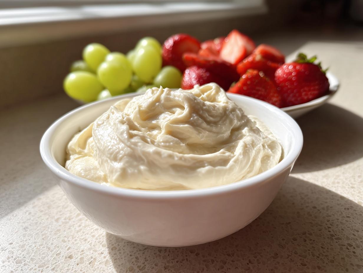 A bowl of creamy fruit dip served alongside fresh strawberries and green grapes.