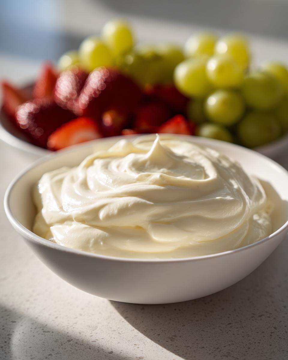 A close-up of creamy fruit dip in a white bowl, with strawberries and green grapes blurred in the background.