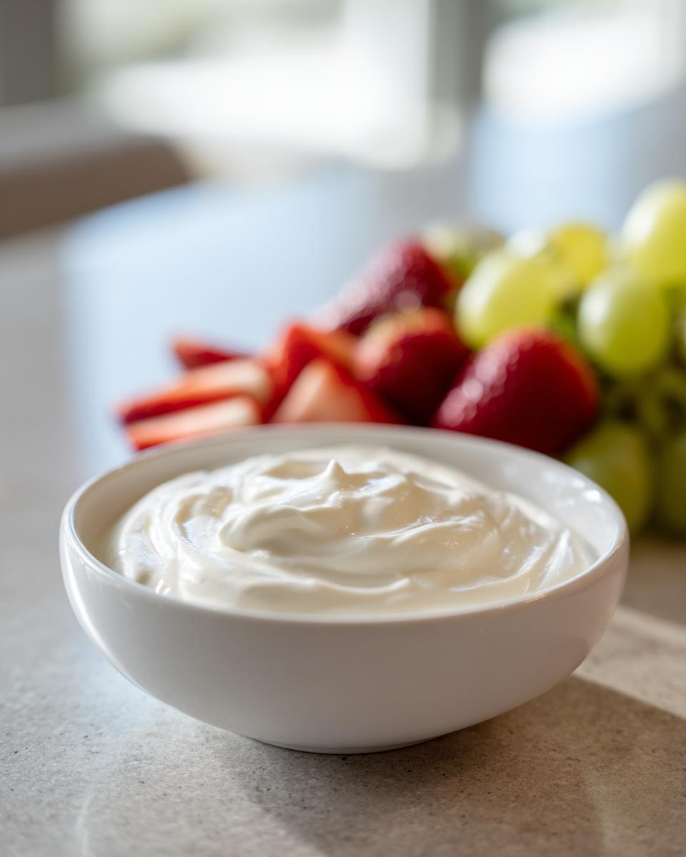 Close-up of a white bowl filled with creamy fruit dip, with strawberries and grapes blurred in the background.