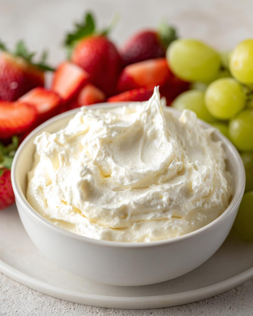 A white bowl filled with creamy fruit dip, surrounded by fresh strawberries and green grapes.