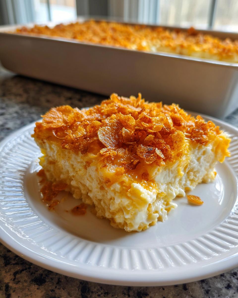 A square serving of creamy funeral potatoes recipe topped with golden, crunchy cornflakes on a white plate.