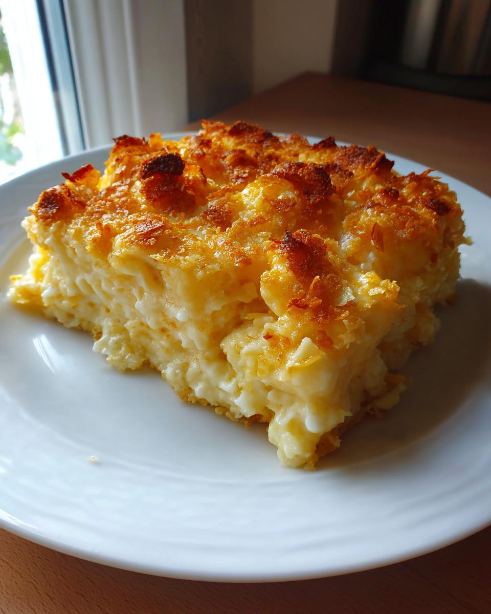 A generous serving of creamy funeral potatoes recipe with a golden, crunchy topping on a white plate.