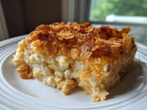 A square serving of creamy funeral potatoes recipe topped with golden, crunchy cornflakes, served on a white plate.