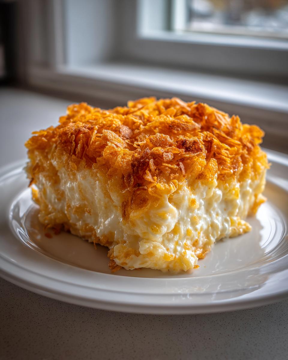 A square serving of creamy funeral potatoes recipe topped with golden, crunchy cornflakes on a white plate.
